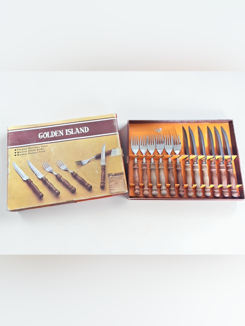 Vintage Golden Island Steak Knife Fork Set Wood Handles 12 Pc